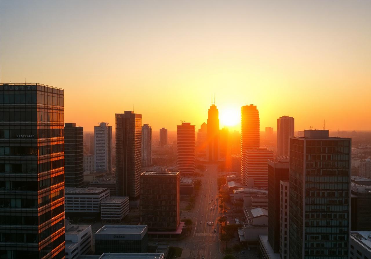 Vue du quartier d'affaires de Dakar au coucher du soleil